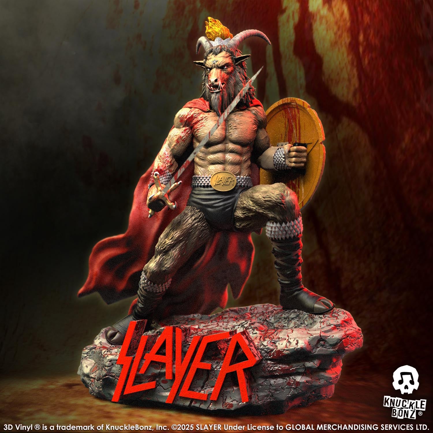 Statue of the Slayer Show No Mercy statue with a sword and shield, featuring the Slayer logo with a dark background